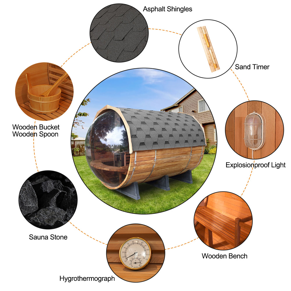 SAUNASNET® Traditional Panoramic Barrel Sauna (Asphalt shingles) Barrel 06